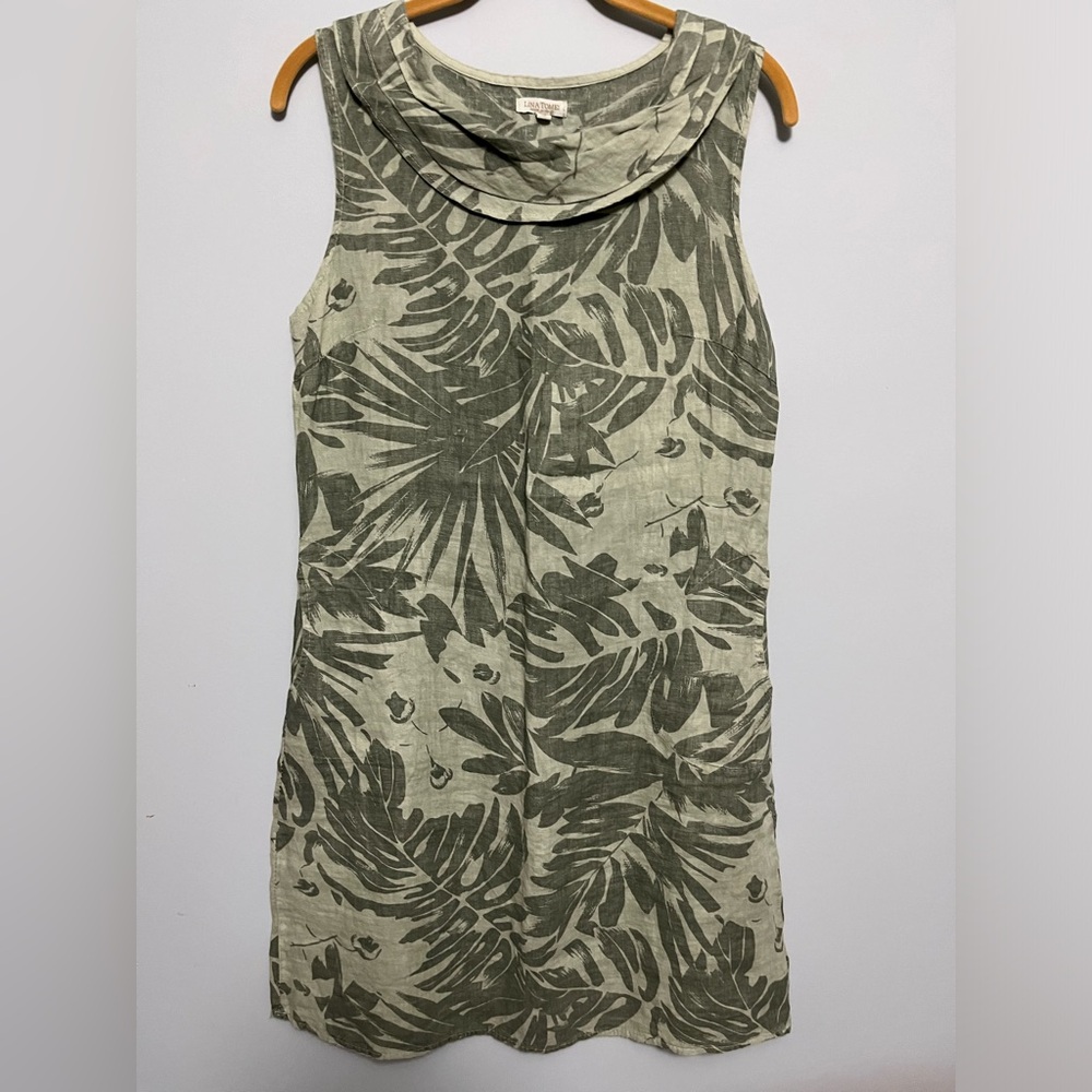 Lina Tomei khaki/olive green 100% linen dress with leaves print